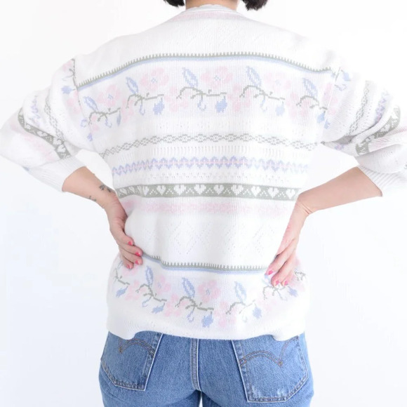 Vintage Grace Cream with Pink  Floral Half Button Down Sweater - Picture 4 of 13